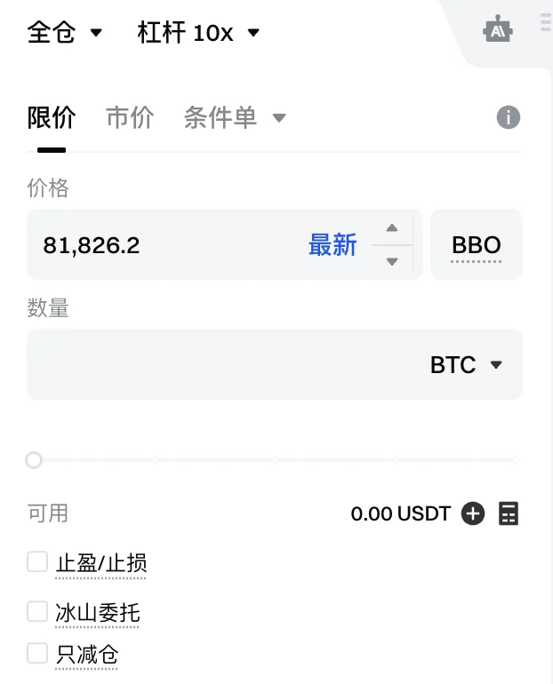 Gate BTCUSDT 永续合约下单区：顶部显示“全仓”和“杠杆 10x”两个下拉选项，下方是限价、市价、条件单和价格、数量输入框，“可用 0.00 USDT”右侧有计算器图标