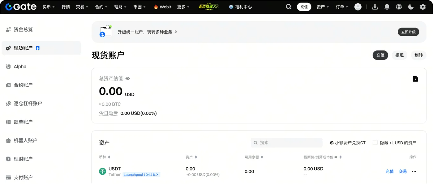Gate 现货账户页面：顶部有“升级统一账户”提示条，右上是充值、提现、划转按钮，资产列表上方有搜索框、“小额资产兑换GT”和“隐藏 <1 USD 的资产”勾选框