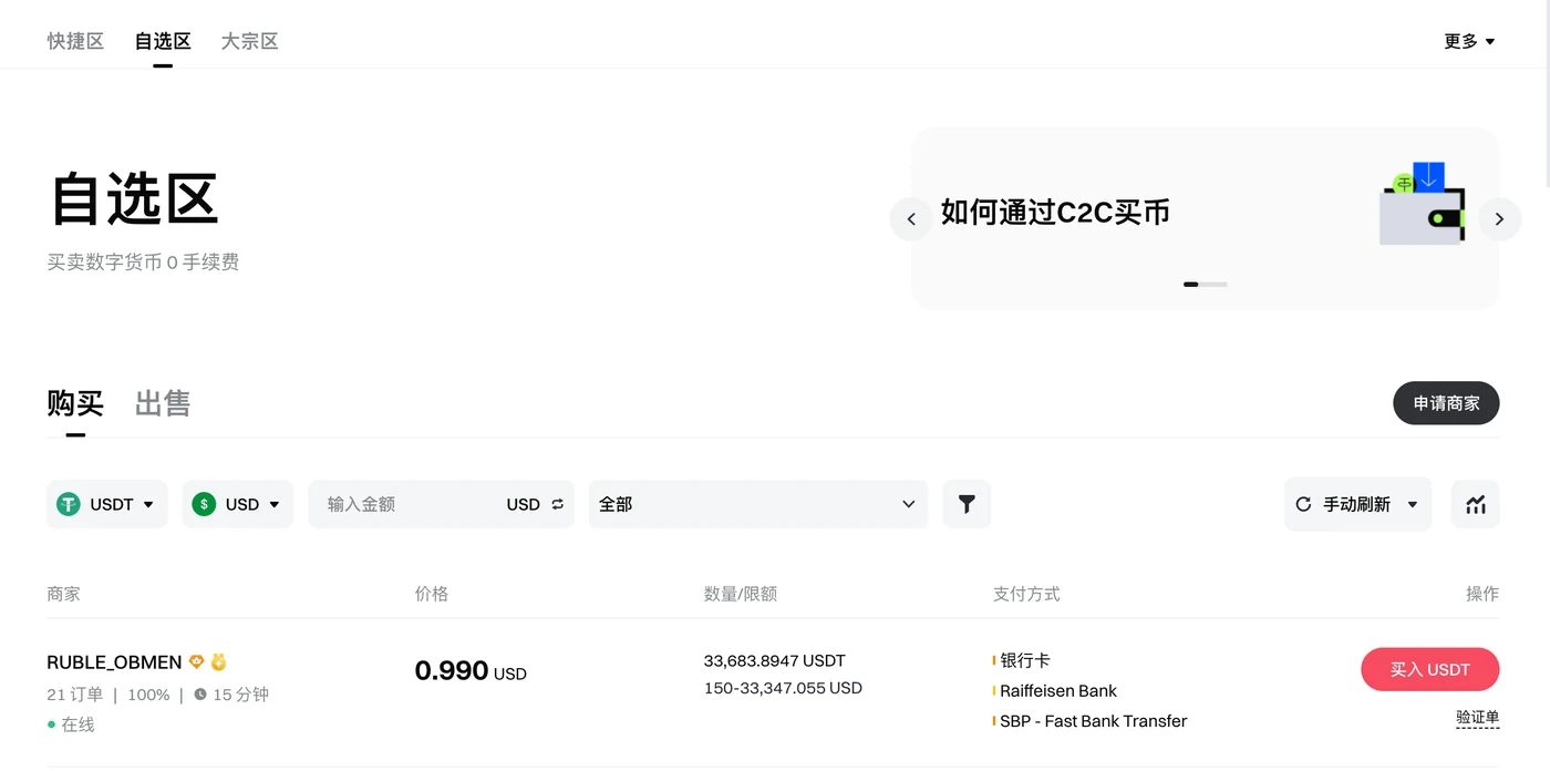 Gate C2C 自选区页面：标题下方写着“买卖数字货币 0 手续费”，购买标签下有 USDT、USD、金额、支付方式筛选栏，广告列表按商家、价格、数量/限额、支付方式分列，第一条广告价格 0.990 USD，右侧是红色“买入 USDT”按钮