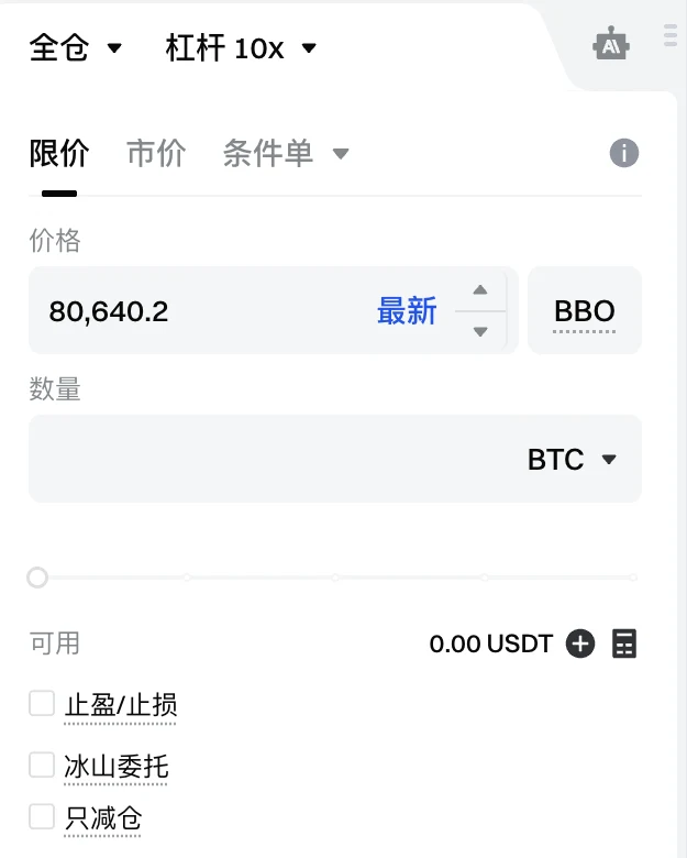 Gate BTCUSDT 永续合约网页端下单区：顶部是“全仓”和“杠杆 10x”两个下拉框，下面是限价、市价、条件单页签，价格、数量输入框（数量单位显示 BTC），可用余额，以及止盈/止损、冰山委托、只减仓三个勾选项