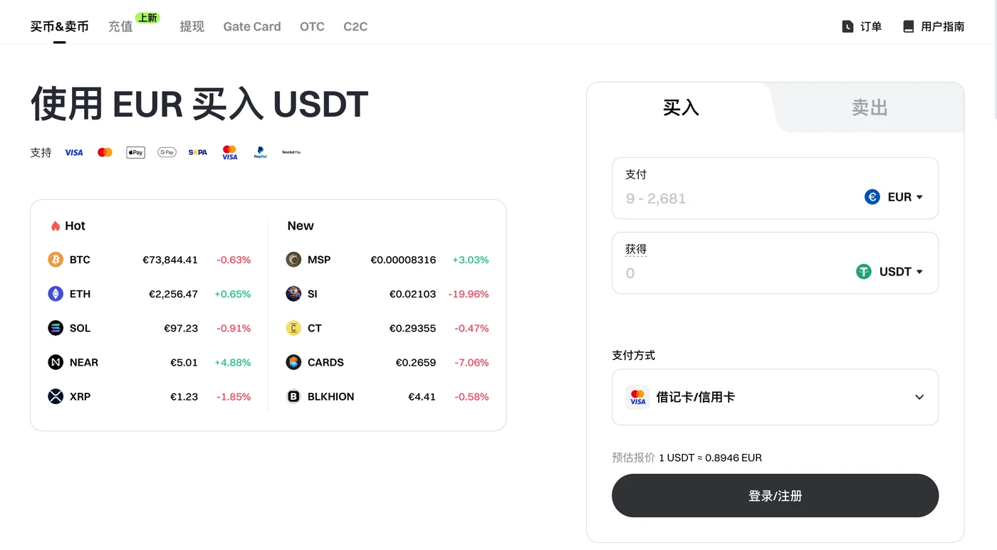 Gate 买币&卖币页面：标题“使用 EUR 买入 USDT”，下方列出 Visa、Mastercard、Apple Pay、Google Pay、SEPA 等支持的支付标志，右侧买入面板有支付金额、获得数量、支付方式“借记卡/信用卡”和预估报价 1 USDT ≈ 0.8946 EUR